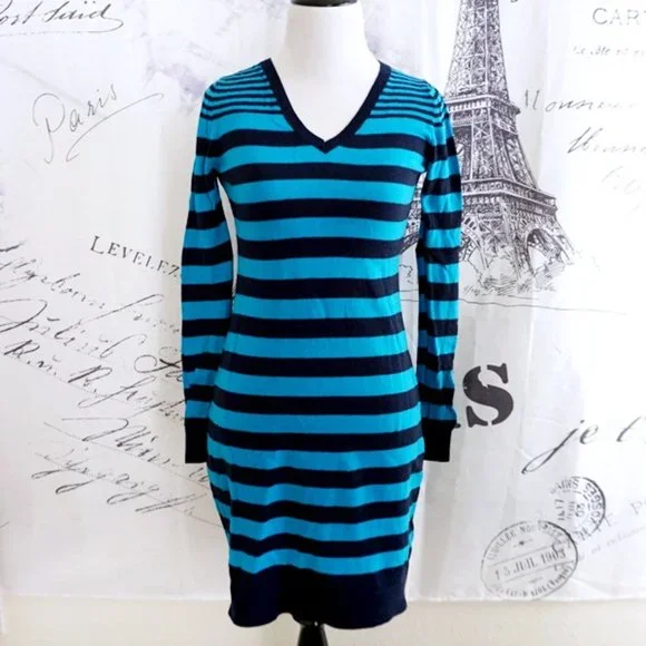 Old Navy | Dresses | Navy And Aqua Blue Striped Long Sleeve Midi Sweater  Dress | Poshmark